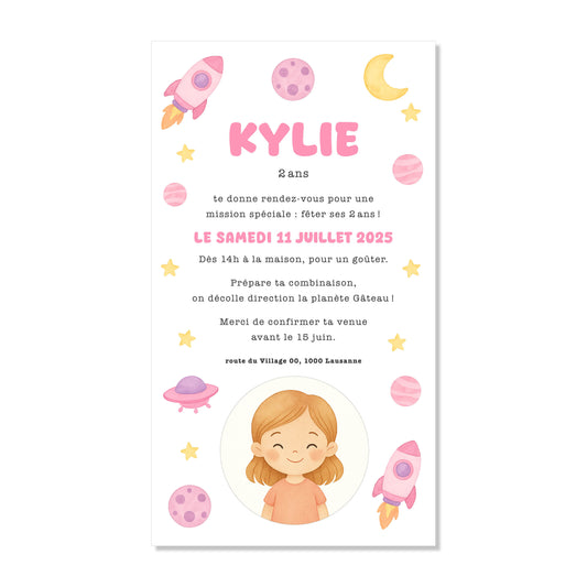 Invitation anniversaire numérique fusée astronaute rose jaune