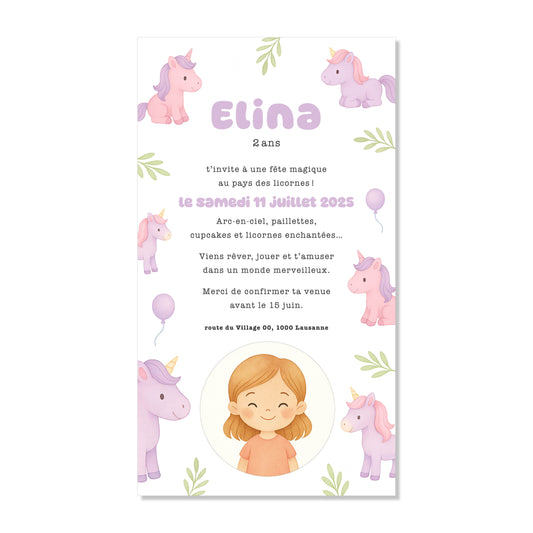 Invitation anniversaire numérique licorne rose / violet fille