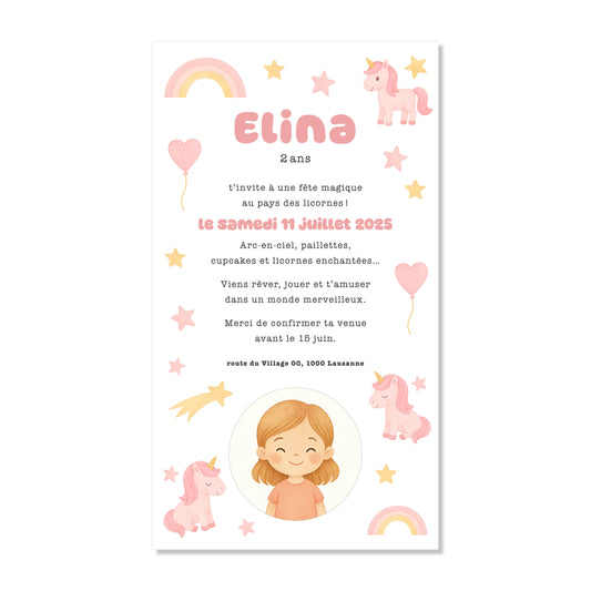 Invitation anniversaire numérique fille licorne étoiles rose / jaune