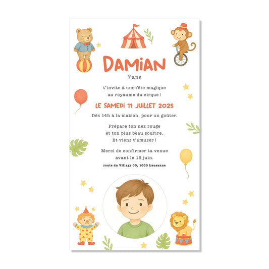 Invitation anniversaire numérique cirque chapiteau animaux clown