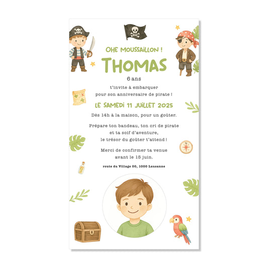 Invitation anniversaire numérique pirates bateau trésor vert