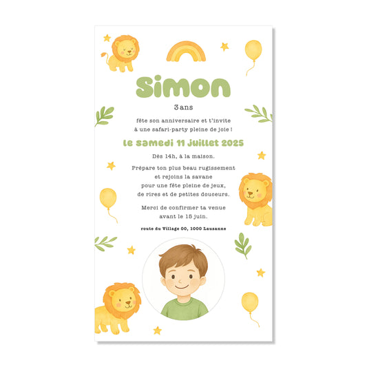 Invitation anniversaire numérique lion tropical jungle