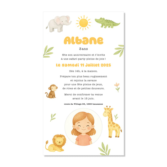 Invitation anniversaire numérique jungle safari girafe lion éléphant crocodile