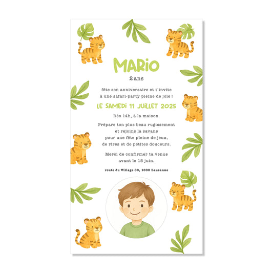 Invitation anniversaire numérique jungle safari tigre
