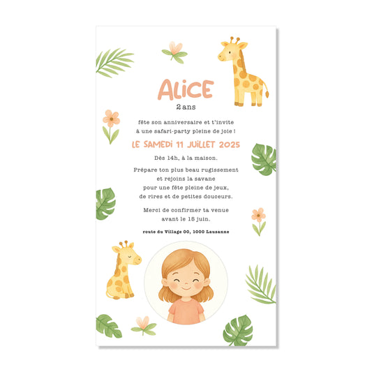 Invitation anniversaire numérique jungle safari girafe mignonne