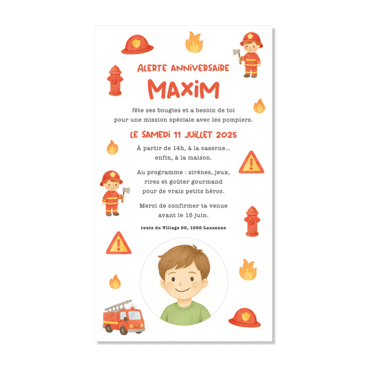 Invitation anniversaire numérique camion pompier feu rouge