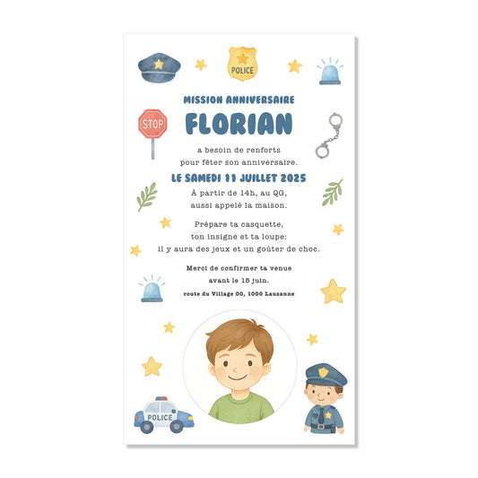 Invitation anniversaire numérique policier voiture police bleu