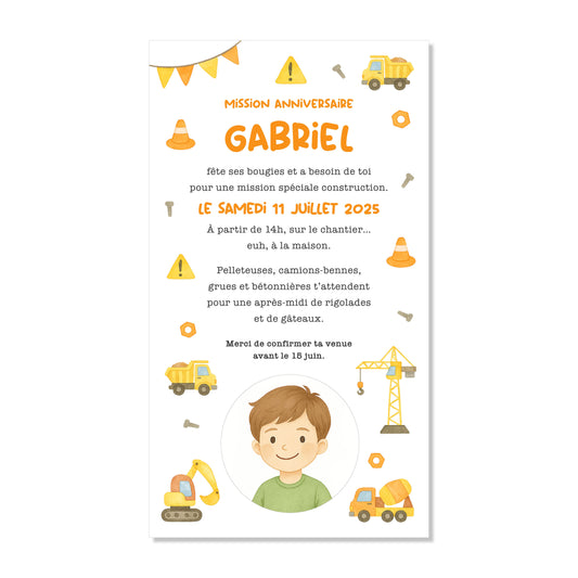 Invitation anniversaire numérique constructeur pelleteuse grue chantier