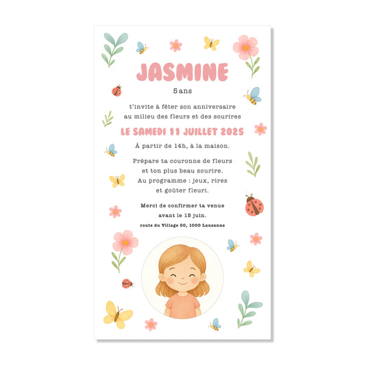 Invitation anniversaire numérique jardin fleuri papillon fleurs coccinelle abeille