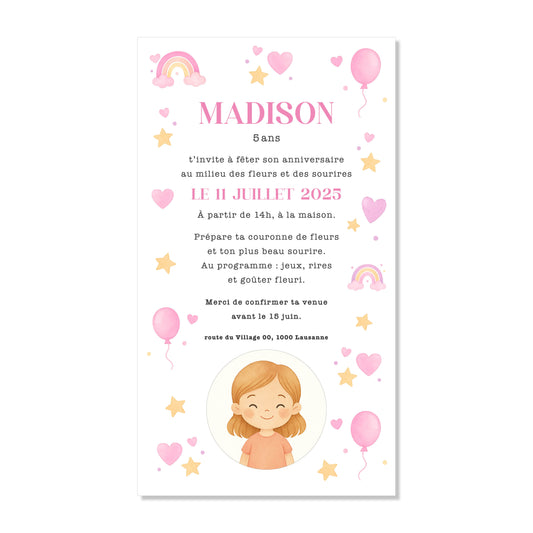 Invitation anniversaire numérique fille arc-en-ciel ballons coeur rose