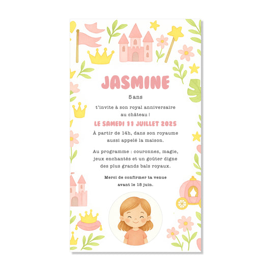 Invitation anniversaire numérique fille princesse château carrosse rose