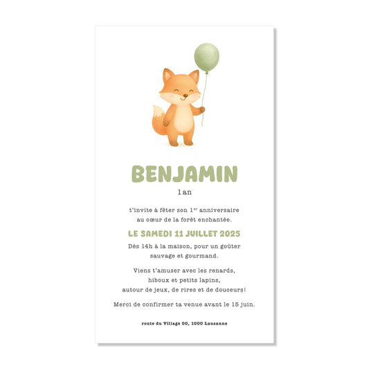 Invitation anniversaire numérique renard ballon vert aquarelle