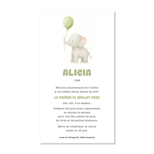 Invitation anniversaire numérique éléphant ballon vert aquarelle