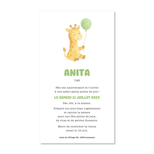 Invitation anniversaire numérique girafe ballon vert aquarelle