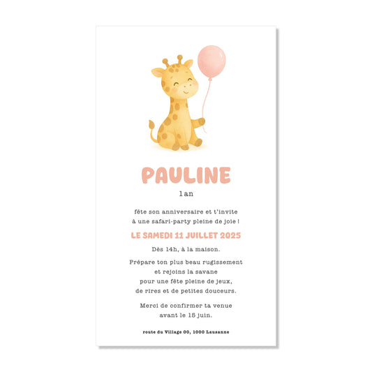 Invitation anniversaire numérique girafe ballon rose aquarelle