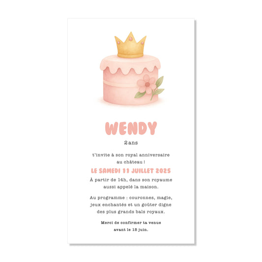 Invitation anniversaire numérique gâteau princesse rose aquarelle