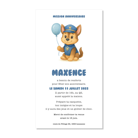 Invitation anniversaire numérique chien policier bleu ballon aquarelle