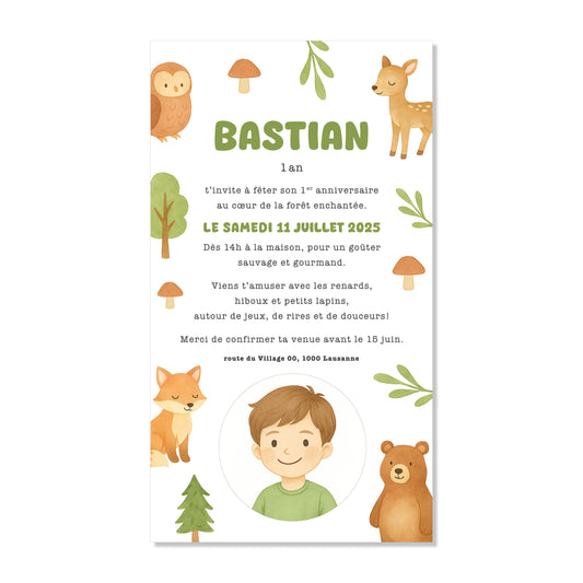 Invitation anniversaire numérique animaux de la forêt vert