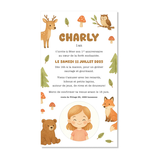 Invitation anniversaire numérique animaux de la forêt brun