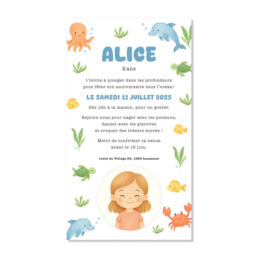 Invitation anniversaire numérique océan animaux de la mer