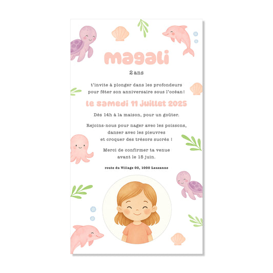 Invitation anniversaire numérique océan animaux de la mer rose / violet