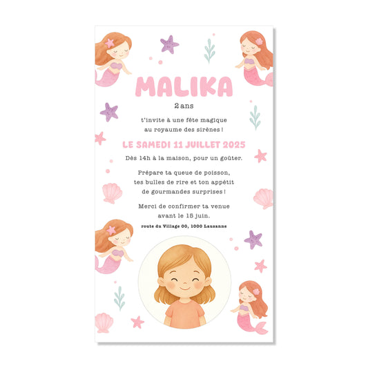 Invitation anniversaire numérique sirènes mer rose / violet