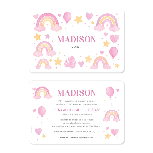 invitation anniversaire rose arc-en-ciel fille