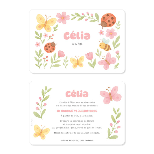 Invitation anniversaire fille fleurs des champs papillons coccinelles