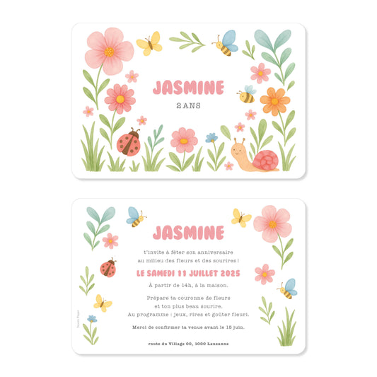 Invitation anniversaire enfant fleurs des champs papillons