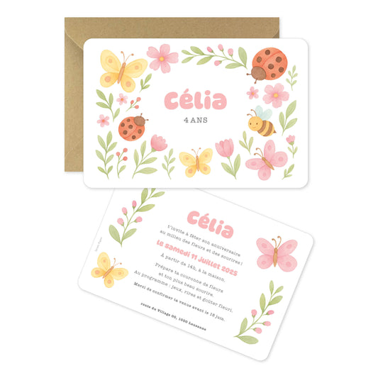 Invitation anniversaire fille fleurs des champs papillons coccinelles