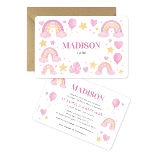 invitation anniversaire fille rose arc-en-ciel