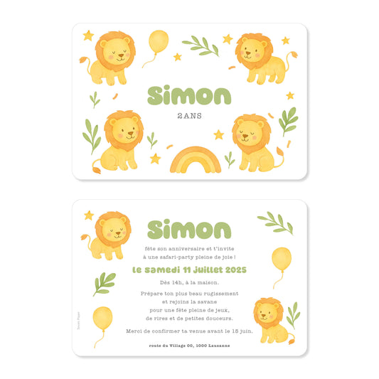 Invitation anniversaire enfant lion safari jungle