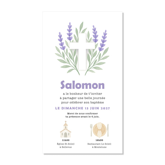 Invitation baptême numérique croix feuilles lavande illustration