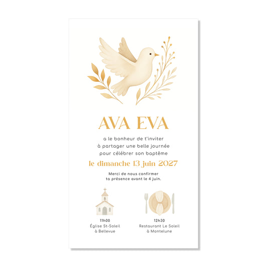 Invitation baptême numérique colombe feuilles orange