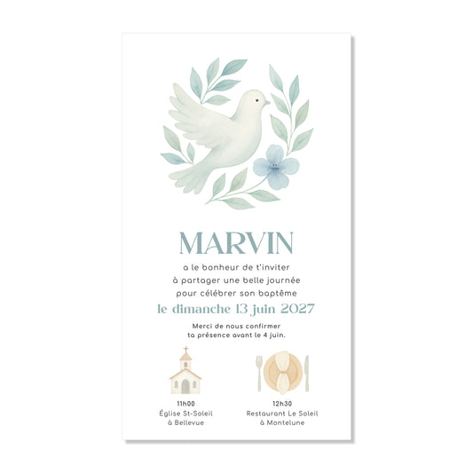 Invitation baptême numérique colombe feuilles vert bleu
