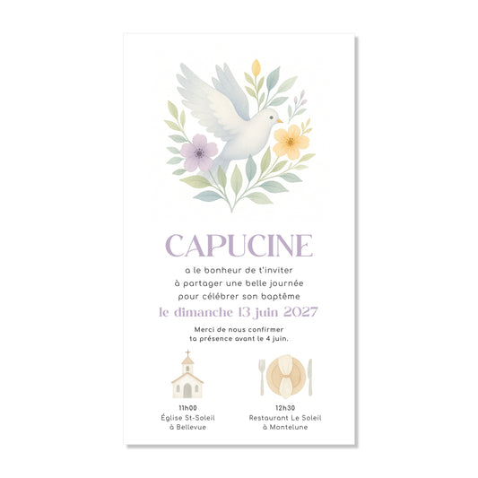 Invitation baptême numérique colombe feuilles vert bleu lilas