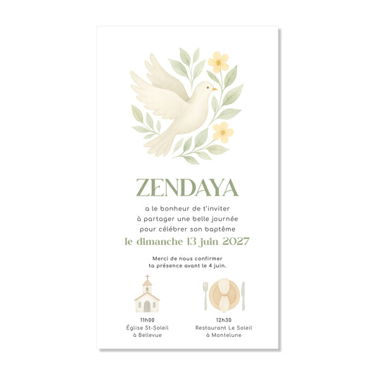Invitation baptême numérique colombe feuilles vert illustration