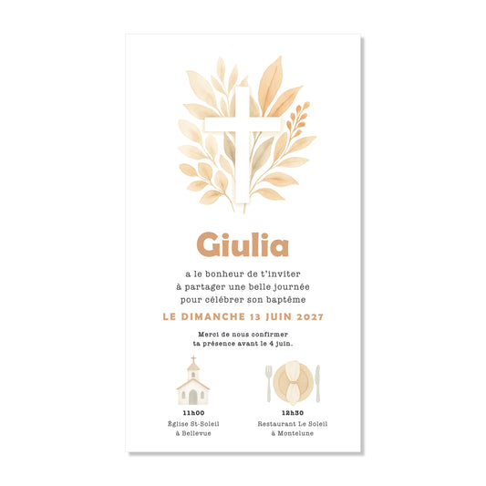 Invitation baptême numérique croix feuilles beige illustration