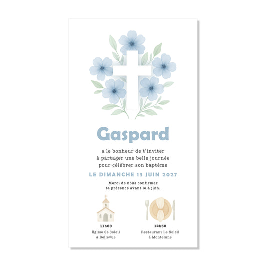 Invitation baptême numérique croix fleurs bleu illustration