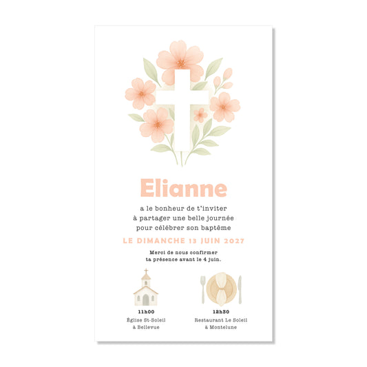 Invitation baptême numérique croix fleurs rose illustration
