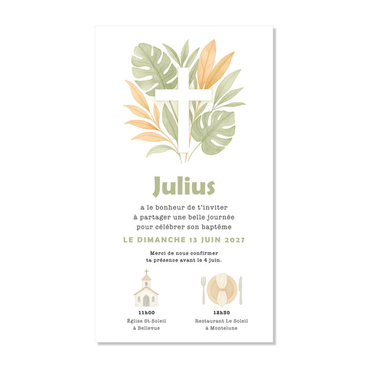 Invitation baptême numérique croix feuilles jungle illustration
