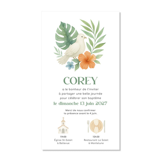 Invitation baptême numérique colombe feuilles jungle illustration