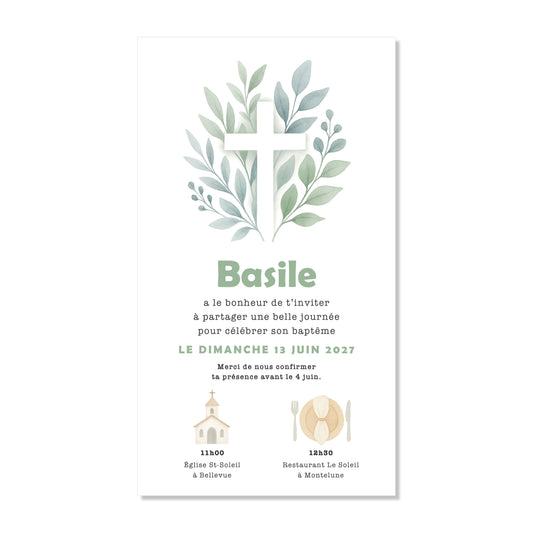 Invitation baptême numérique croix feuilles illustration