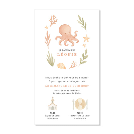 Invitation baptême numérique océan rose