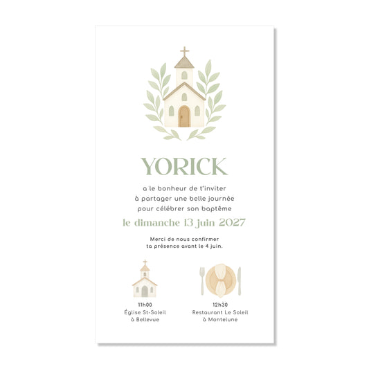 Invitation baptême numérique Église feuilles vert