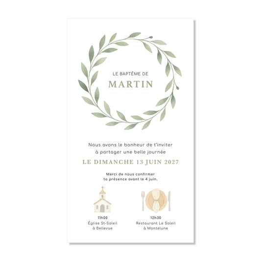 Invitation baptême numérique couronne feuilles vert aquarelle
