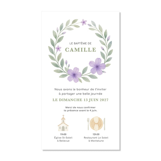 Invitation baptême numérique couronne feuilles vert lilas aquarelle