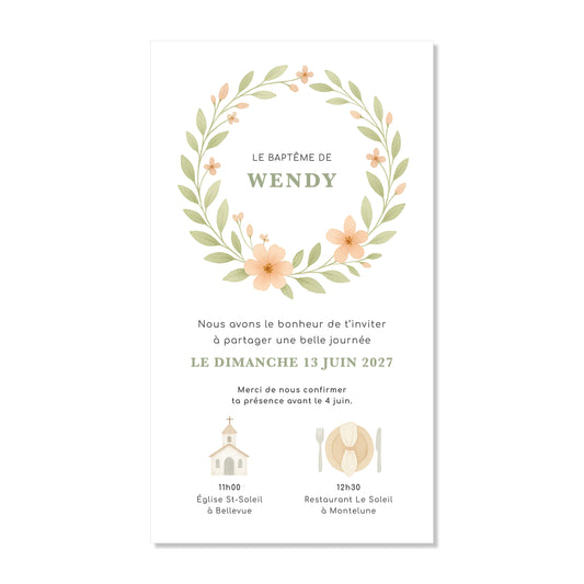Invitation baptême numérique couronne feuilles vert saumon fleurs