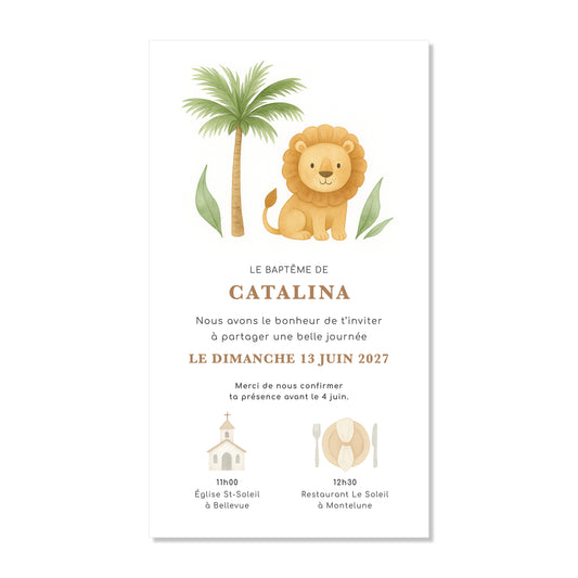 Invitation baptême numérique lion jungle illustration