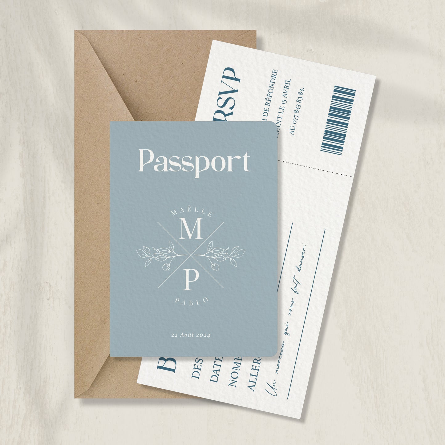 PACK faire-part passport + carton billet d'avion, bleu